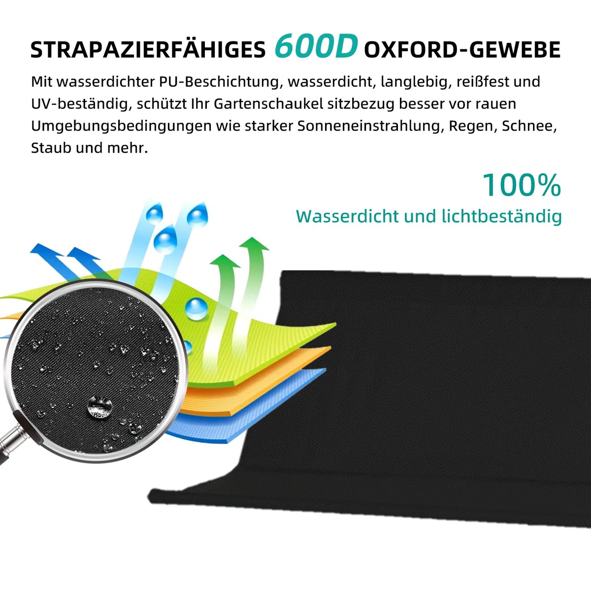 Coprisedile per dondolo da giardino, impermeabile, tessuto Oxford 600D, ricambio per seduta, per esterni, 2 e 3 posti, 148 x 52 x 52 cm, colore nero