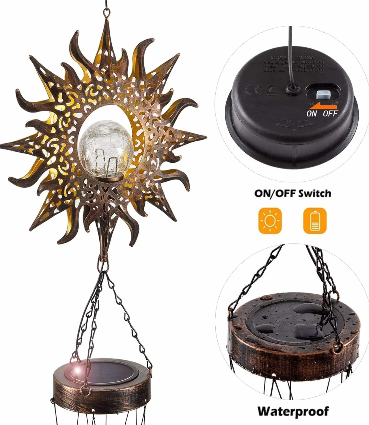 Lifemet Windspiel Solarleuchten – Luce Solare a LED Alimentata da Esterno, Giardino, Impermeabile, in Metallo, Campanello a Vento, Campanello a Vento, per Terrazza, Prato, Patio, Cortile