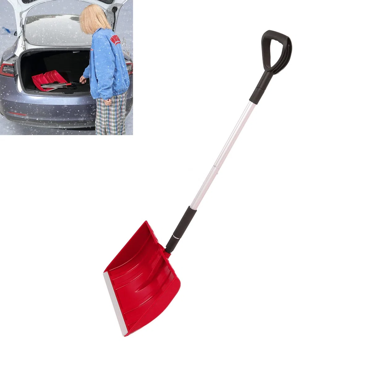 Pala da neve per auto di emergenza da giardino, lunghezza regolabile 120 cm, con impugnatura a D, manico staccabile per rimozione della neve e altre attività di emergenza all'aperto (rosso)