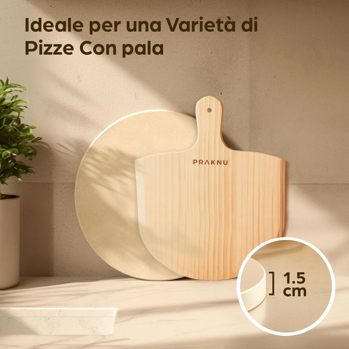 Praknu Pietra Refrattaria per Pizza da Forno Elettrico, Grill e Barbecue - Ø 30 cm con Pala per Pizza in Legno - Per Pizze Croccanti