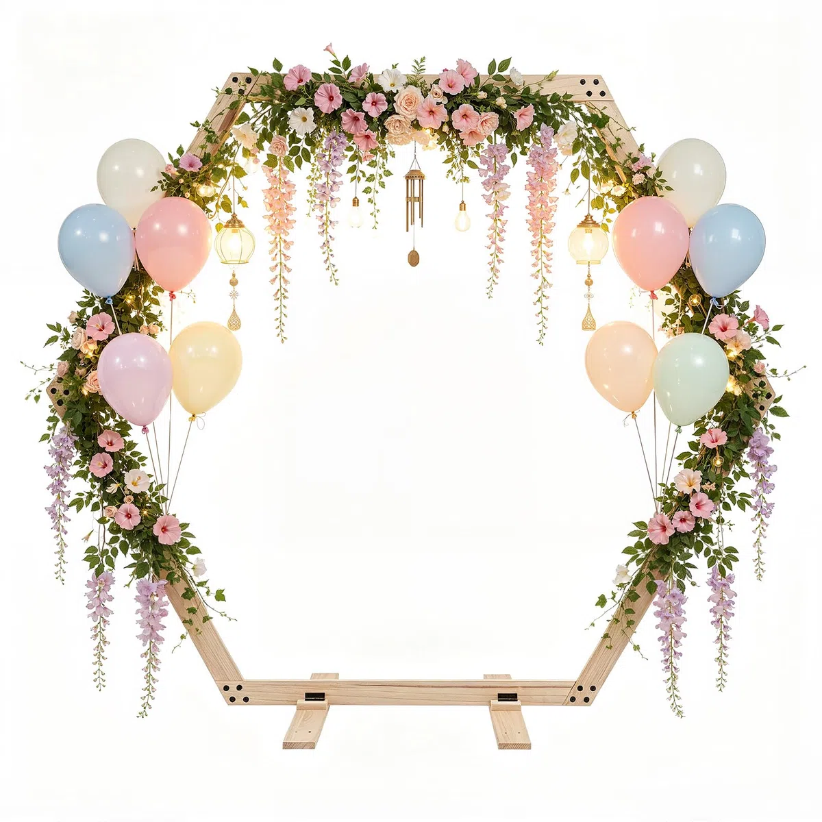Elegante arco per matrimonio esagonale in legno, 2,3 × 2,3 metri, cornice grande in stile rustico, gazebo in legno naturale, adatto per giardino, feste e decorazioni per feste
