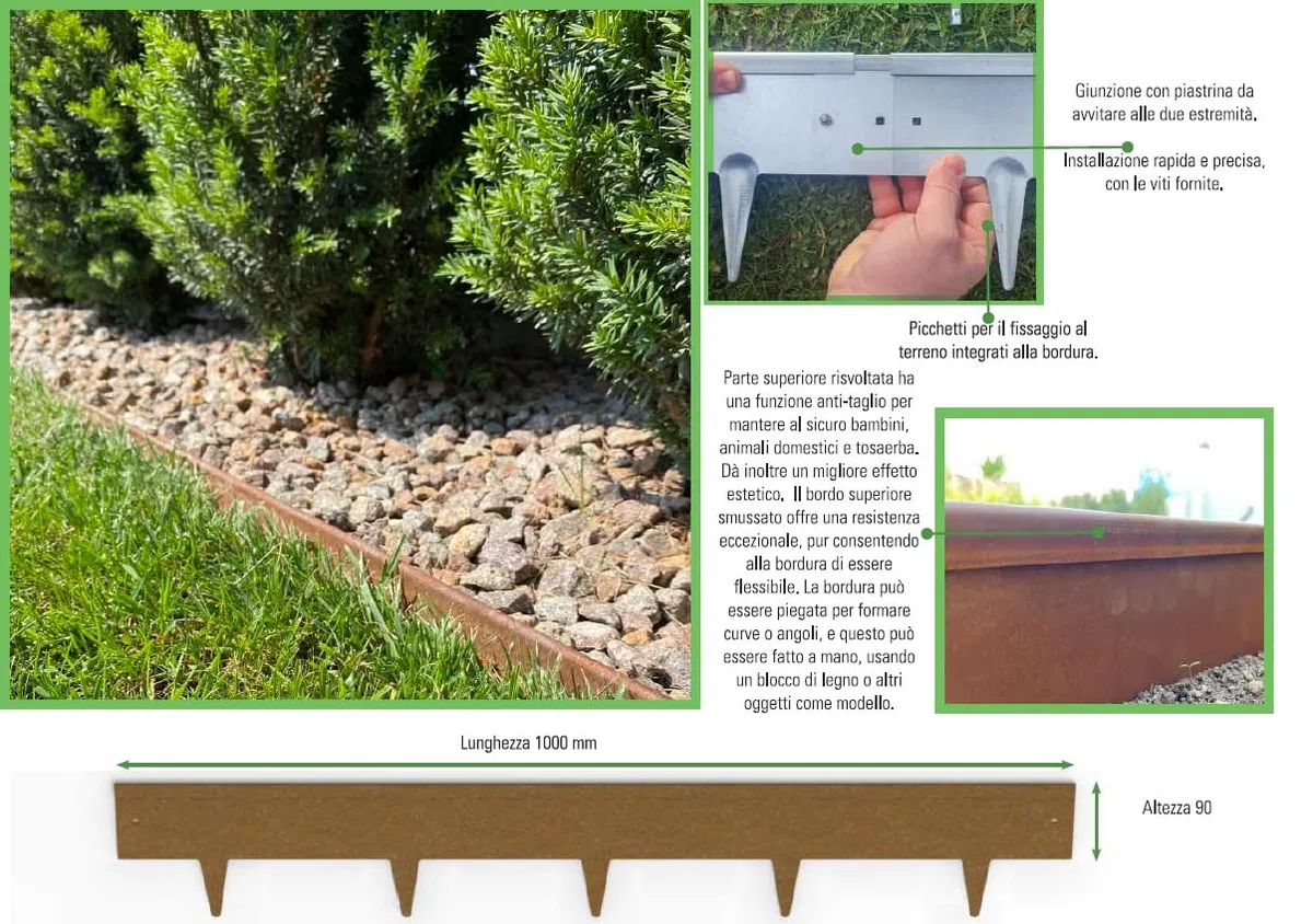 Bordura a giunzione in Acciaio COR-TEN spessore 1.2 mm con Bordo risvoltato a goccia e picchetti integrati - h. 90 mm - Confezione da 5 Metri