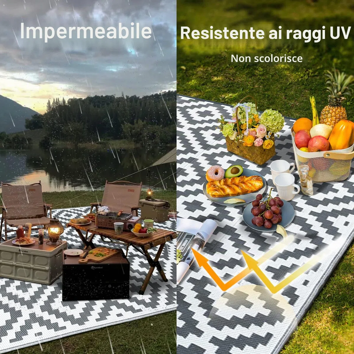 CHOSHOME Tappeto da Giardino Impermeabile 120x180CM Portatile Resistente ai Raggi UV in Plastica Riciclata per Interno ed Esterno - Balcone, Picnic, Spiaggia - Grigio