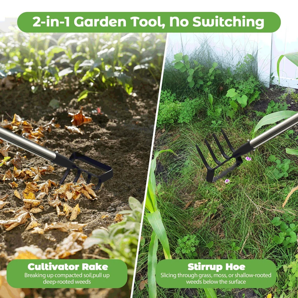 Zappa da giardino per diserbatura, strumento per zappa con supporto per giardino con anello regolabile, manico lungo 157 cm, argento, regolabile, per diserbo