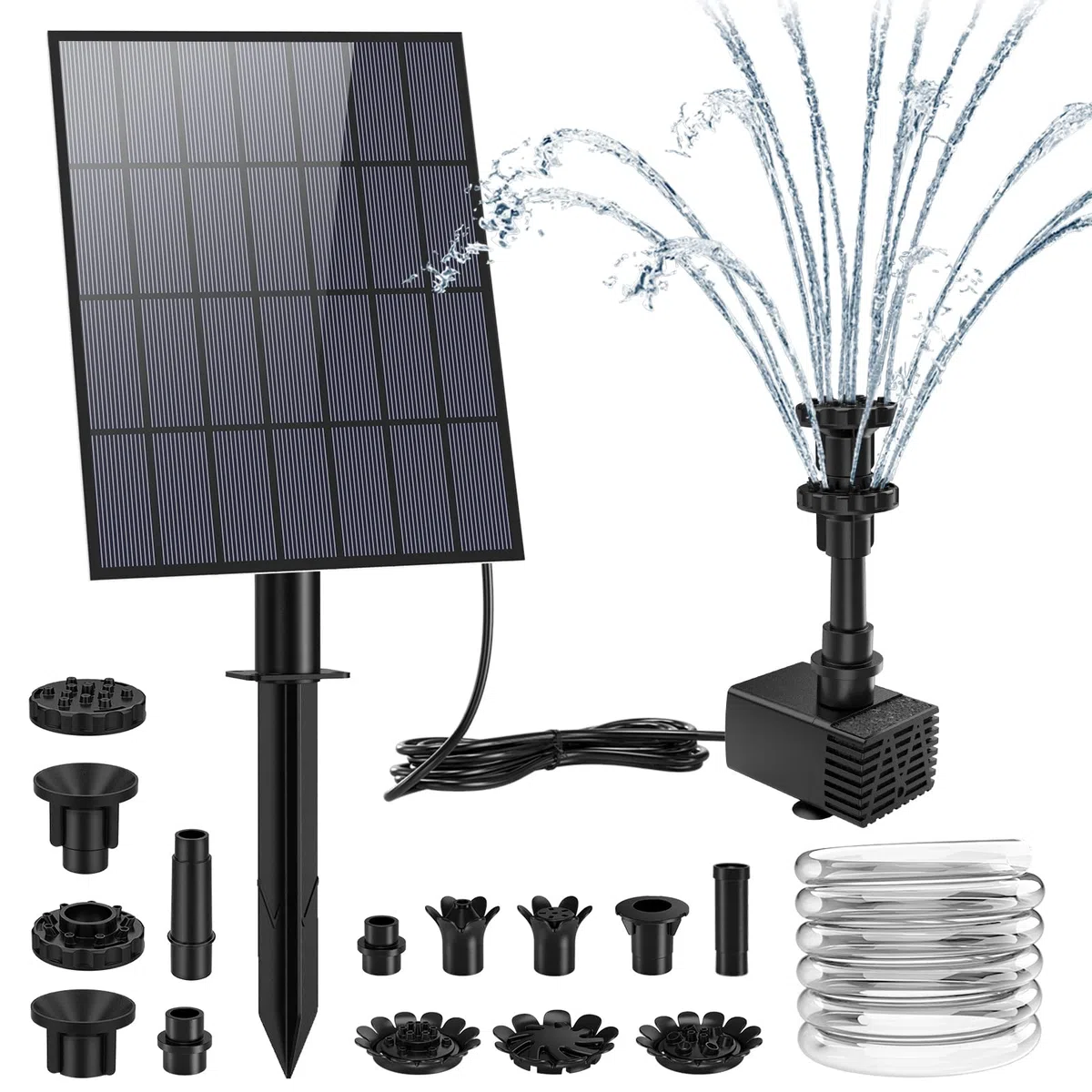 AISITIN Fontana Solare da Giardino Esterno 3,5W con Picchetti da terra - Pompa ad Energia Solare con Tubo Flessibile 1,5m e 8 Effetti Ugelli Fontana Solare per Laghetto/Stagni/Vasca Uccelli/Giardino