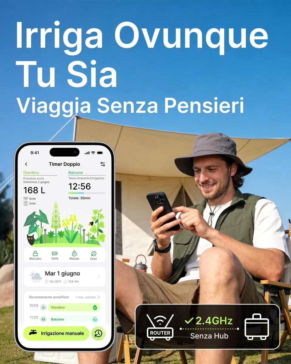 Centralina Irrigazione WiFi 2 Vie Solare, Computer Irrigazione Connesso con Flussometro, Senza Hub, Ingresso dell'acqua in Ottone, Irrigazione Automatica per Giardino (App/Alexa)