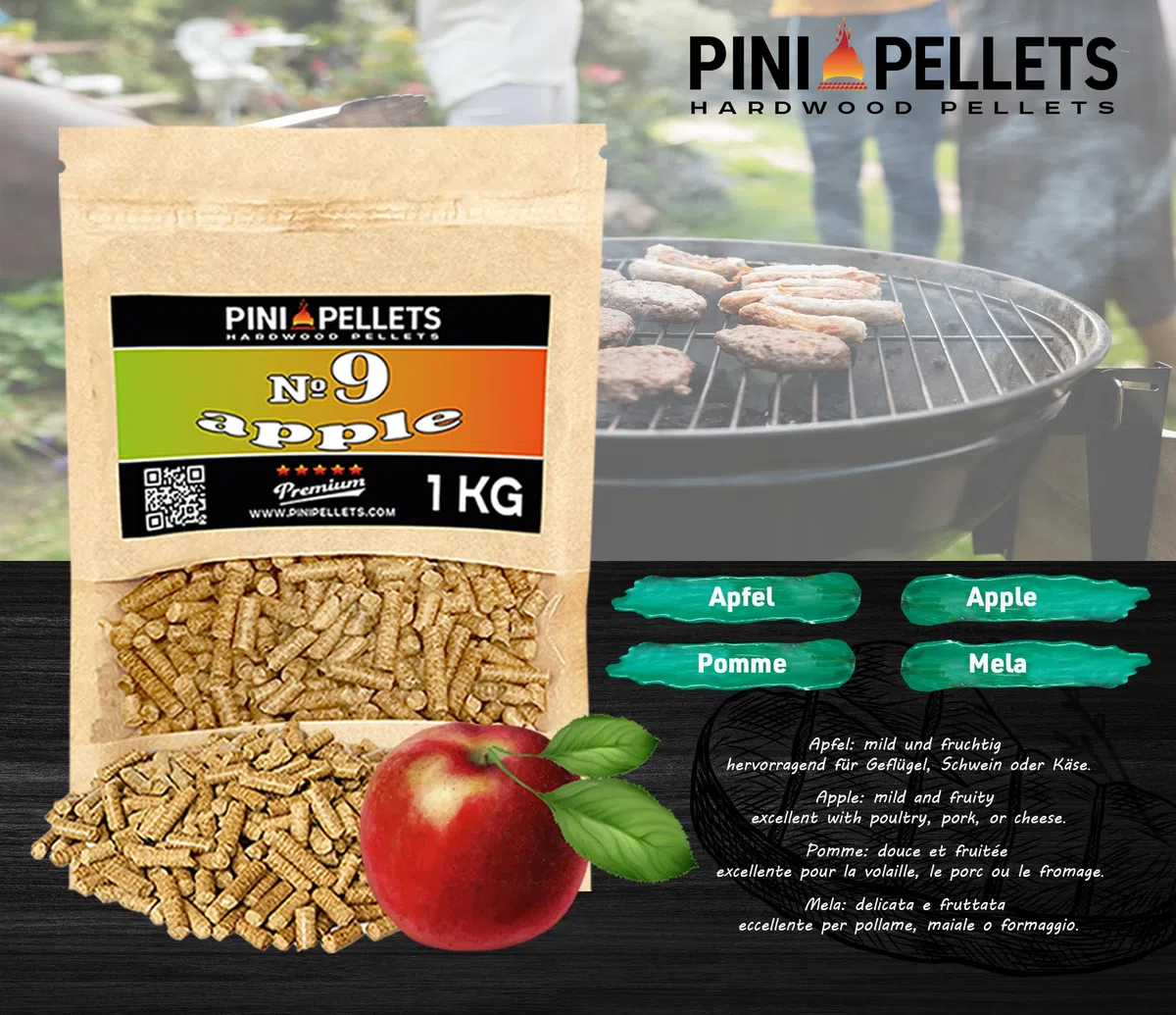 PINI Set di pellet in legno naturale, 4 x 1 kg, per affumicatore a scelta tra 4 varietà – pellet di faggio n. 5, pellet di ciliegia n. 8, pellet di mela n. 9, Erlenpellets Nr 11 – legno puro