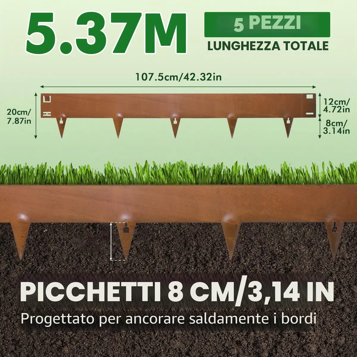 107,5 cm x 5 Bordo per aiuola in metallo Corten flessibile | Delimitazione per aiuola in acciaio | Bordo per aiuola flessibile per delimitazioni del prato, bordi del prato per delimitazioni
