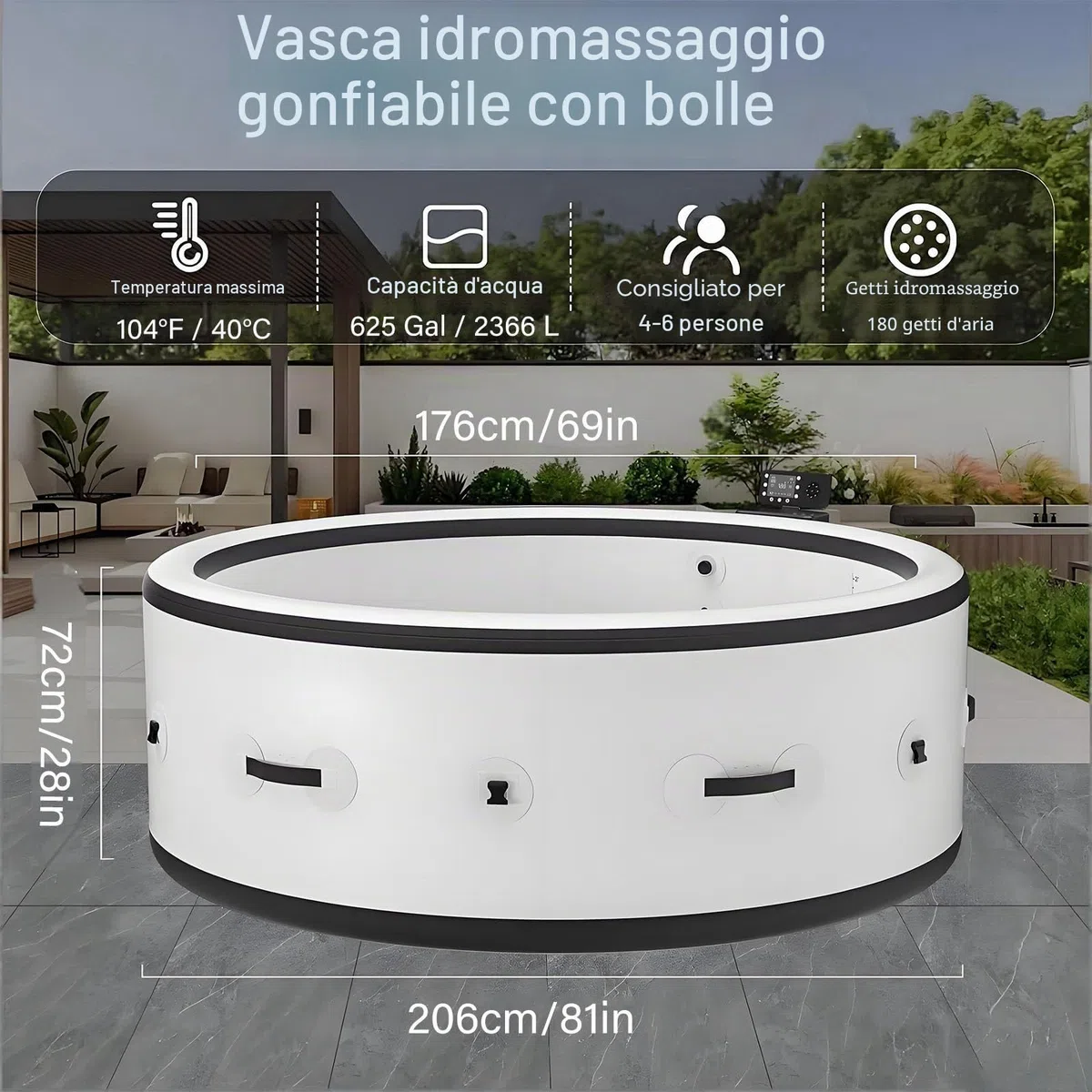 Vasca Idromassaggio Gonfiabile, Spa Gonfiabile Portatile di Grandi Dimensioni con 180 Getti di Massaggio Ad Aria, Pompa Riscaldante e Copertura Isolante, Impermeabile per Esterni, per 2-6 Persone, per