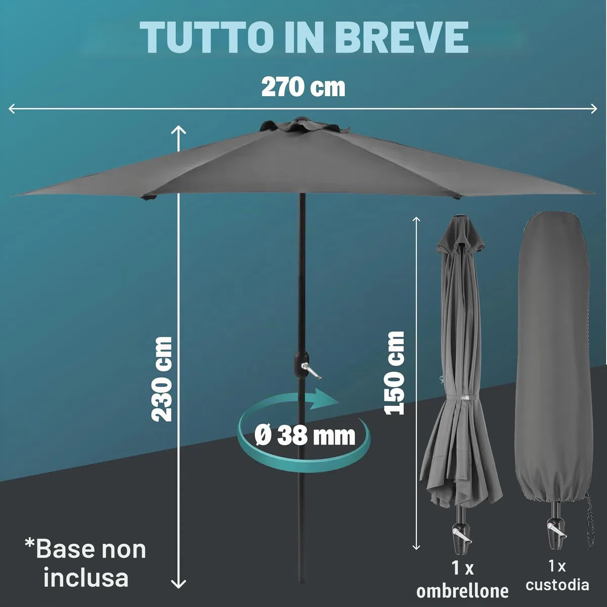 Kingsleeve Ombrellone Mezzaluna a Parete Muro Ø2,7m x 2,3m H manovella UV40+ Idrorepellente Giardino Balcone terrazza Crema