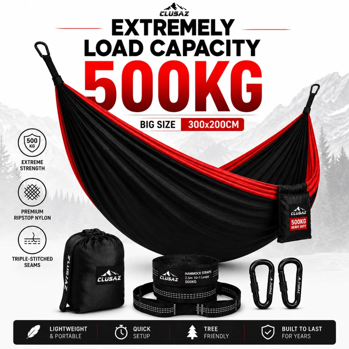 Amaca Doppia Outdoor 2 Persone 300x200cm – 500kg Ultra-Resistente – Nylon Ripstop Diamond – Senza Nodi 60 sec – Moschettoni Lisci – Borsa Comprimibile – Garanzia 10 Anni