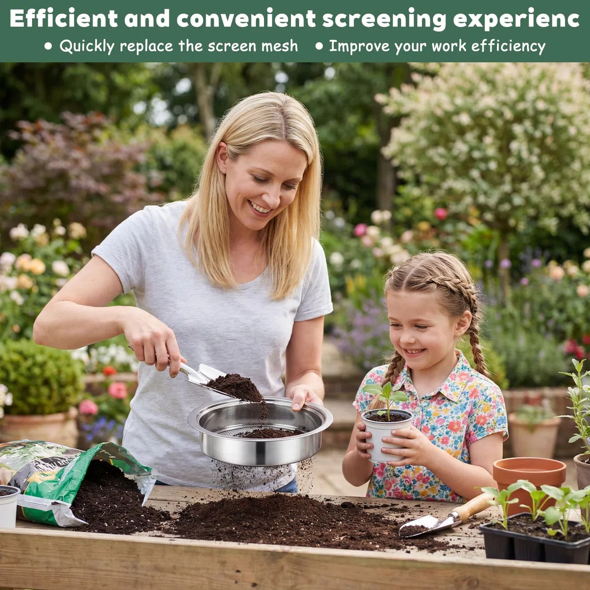 5 in 1 Setaccio da Giardino in Acciaio Inox Ø maglie 1, 3, 6, 9, 12 mm Setaccio per Sabbia + 1 Vanga a Mano Per Terra, Pietre, Compost, Erbacce e Sabbia