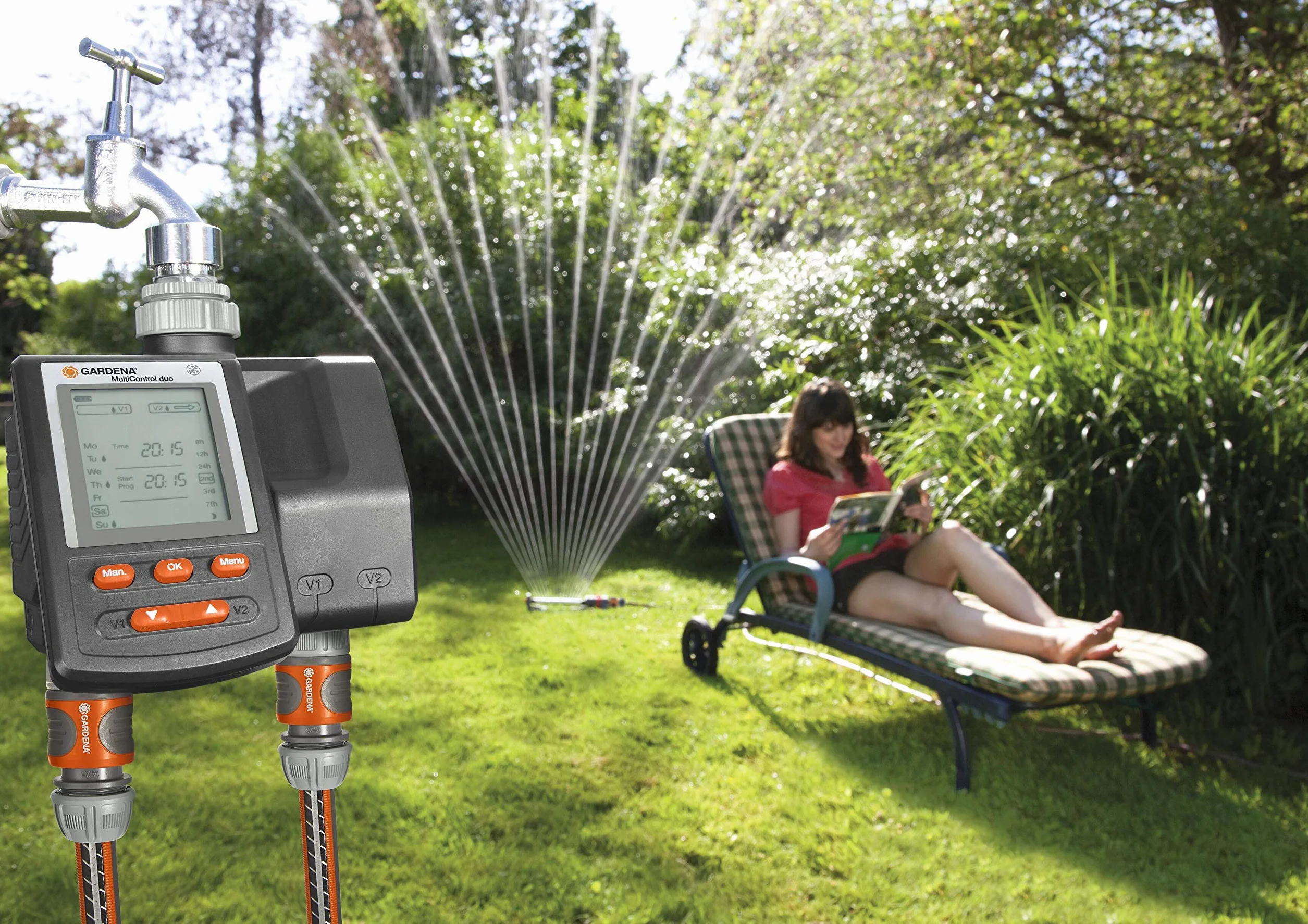 Gardena Programmatore per Irrigazione a Batteria Multicontrol: 2 Uscite Programmabili Singolarmente, per l'Irrigazione Automatica di Piante in Giardino, per Rubinetti da 26,5 mm e 33,3 mm (1874-20)