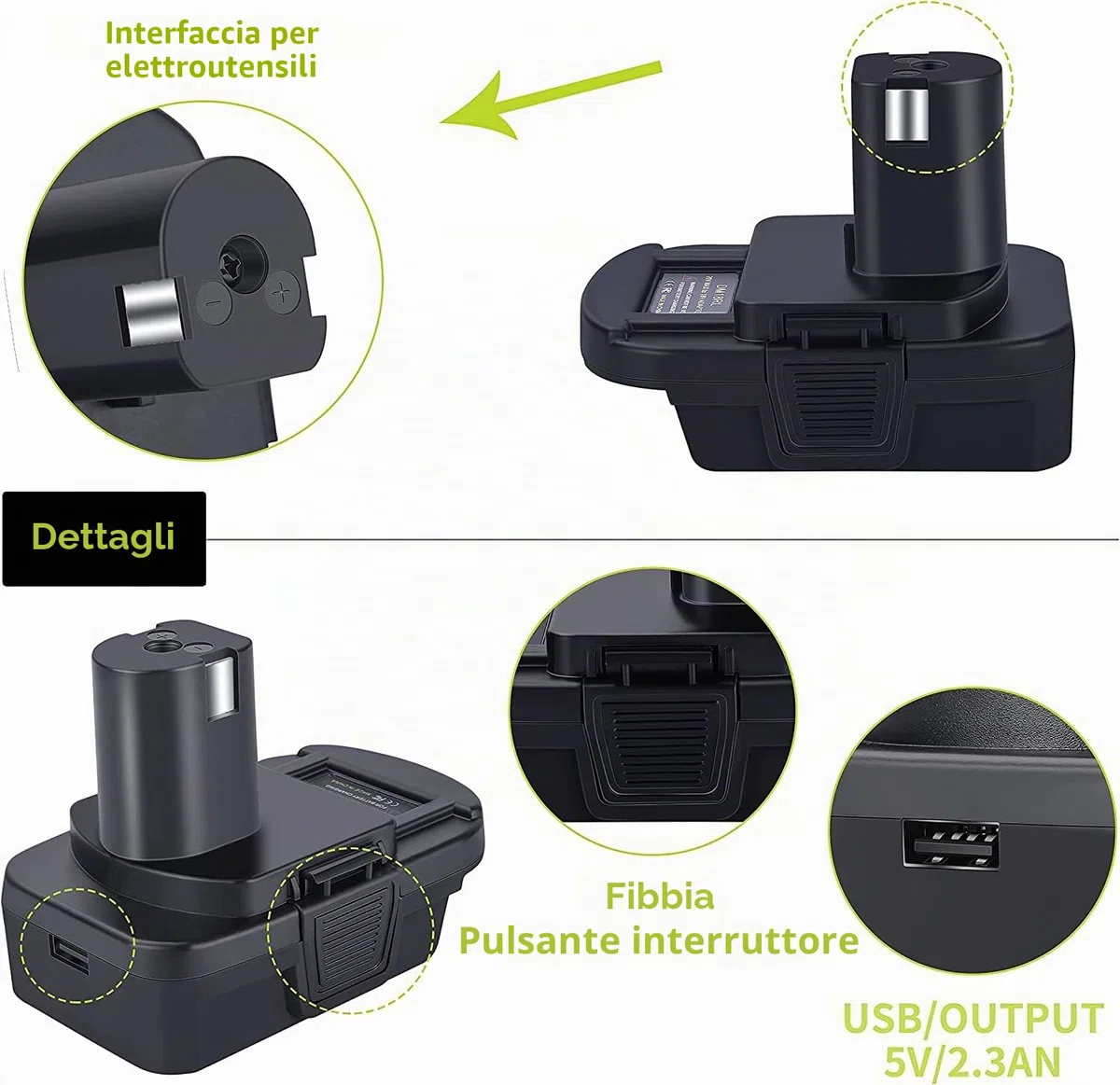 DM18RL - Adattatore per batteria Roybi 18 V, con USB per Dewalt per batteria Milwaukee M18, convertire in batteria agli ioni di litio Ryobi 18 V RB18L50 RB18L40 RC18115 5132000047 RB18L20 ecc