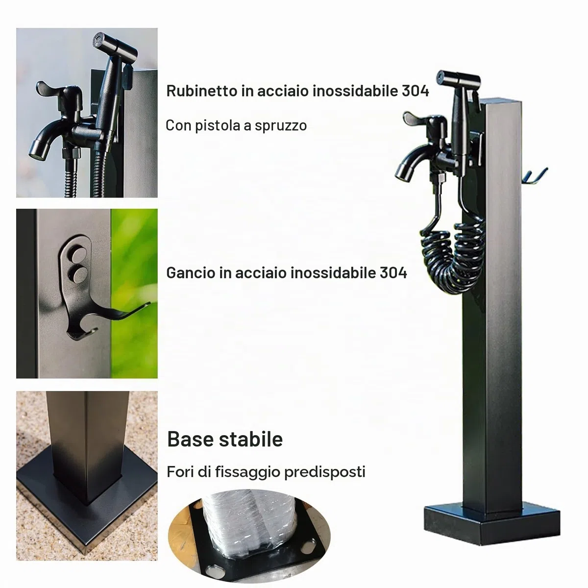 Colonna Acqua Giardino da Esterno, Rubinetto Giardino Fontana da Giardino in Acciaio Inossidabile 304, Rubinetto a Doppia Uscita con Pistola a Spruzzo, per Irrigazione da Giardino, Fattoria, Cortile(W