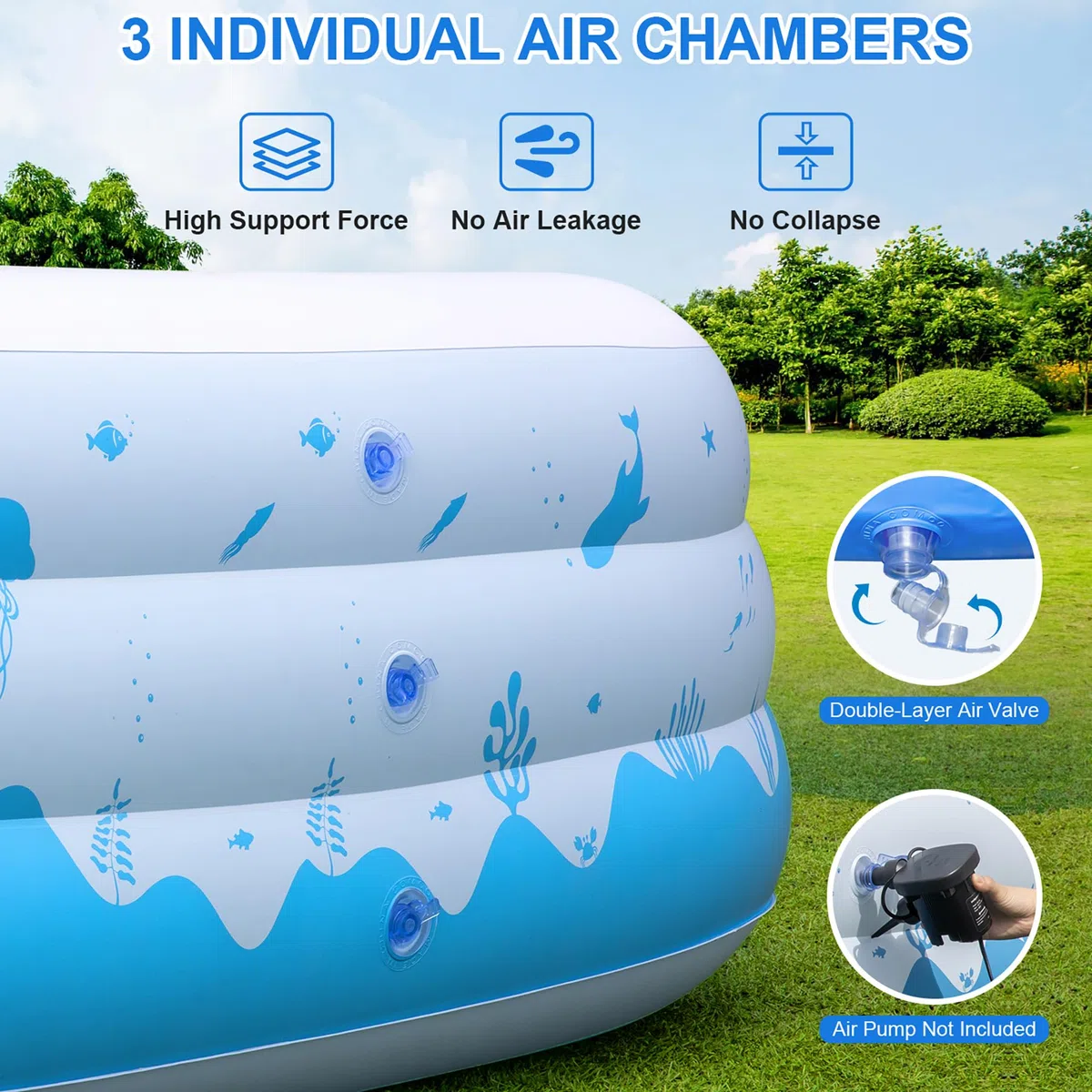 Grandi piscine gonfiabili con luci, 368 cm x 188 cm x 56 cm, piscine gonfiabili familiari per adulti, piscina gonfiabile alimentata a energia solare per il cortile (pompa d'aria non inclusa)