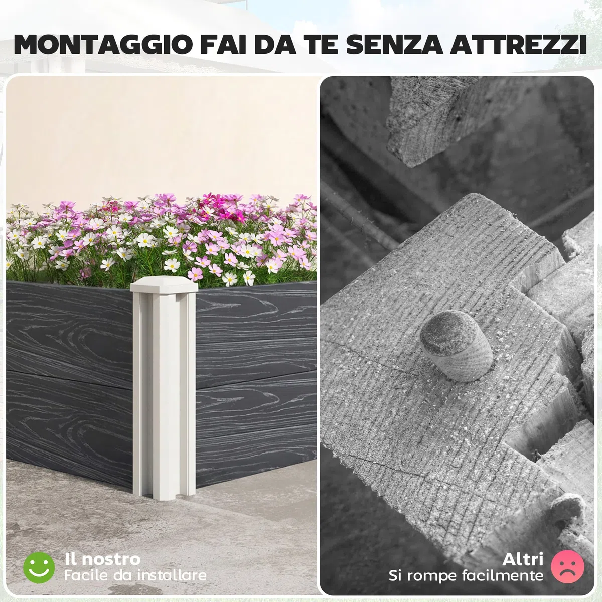 Outsunny Letto Rialzato da Giardino in Vinile, 102x102x33 cm, Kit Modulare con Gambe ad Incastro e Fondo Aperto, Fioriera Orto Rialzato da Esterno per Fiori, Erbe e Verdure, Grigio Scuro