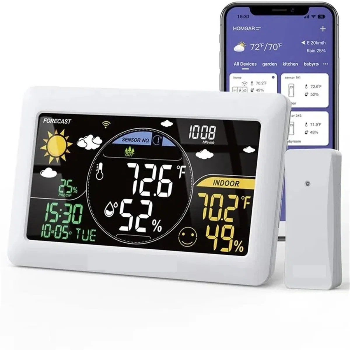 Stazione Meteo, Stazione meteorologica Termometro wireless for interni ed esterni Sveglia da parete App for pressione Monitoraggio previsioni in tempo reale online per la famiglia(Black 1 Sesor)