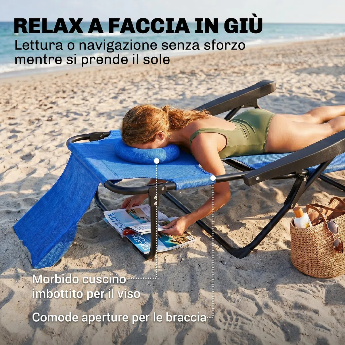 Outsunny Lettino da Sole Schienale Regolabile Sdraio Pieghevole Blu Scuro | a 4 Livelli, con Cuscino, Foro per il Viso, Tessuto Traspirante, Struttura in Acciaio