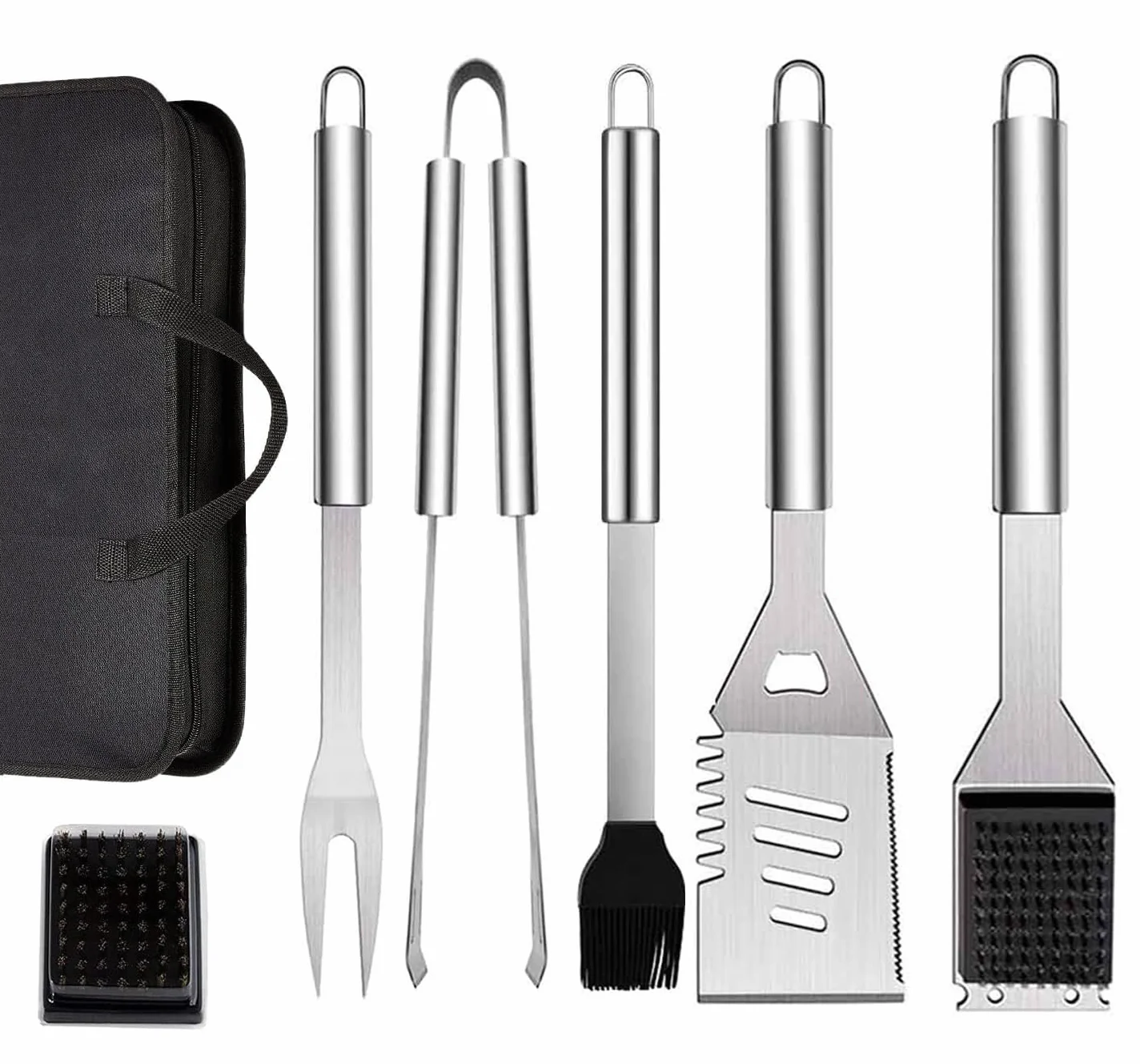 Set di 7 utensili per barbecue in acciaio inox, con borsa per il trasporto, spatola, pinze e forchetta, accessori per barbecue, cucina all'aperto e campeggio