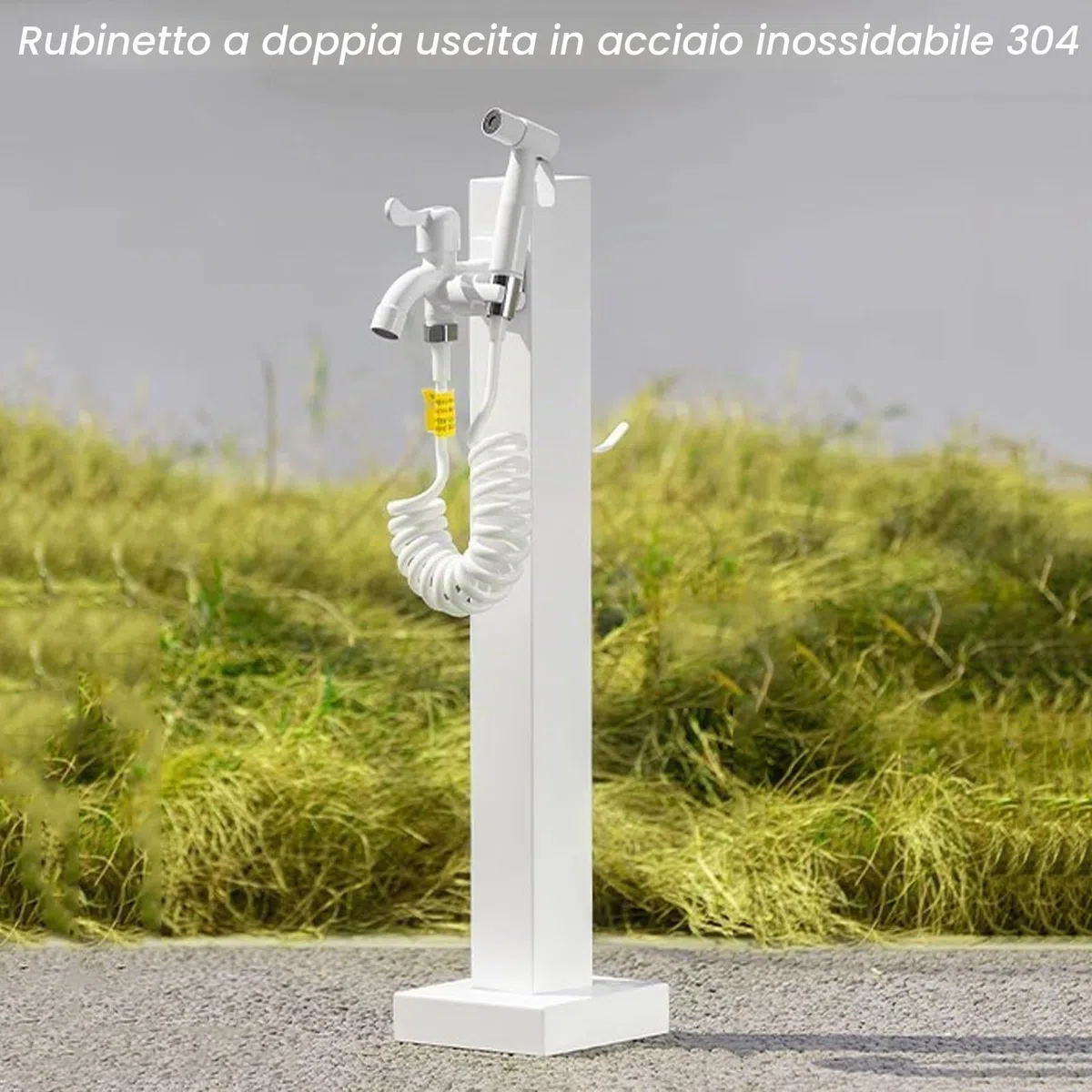 Colonna Acqua Giardino da Esterno, Rubinetto Giardino Fontana da Giardino in Acciaio Inossidabile 304, Rubinetto a Doppia Uscita con Pistola a Spruzzo, per Irrigazione da Giardino, Fattoria, Cortile(W