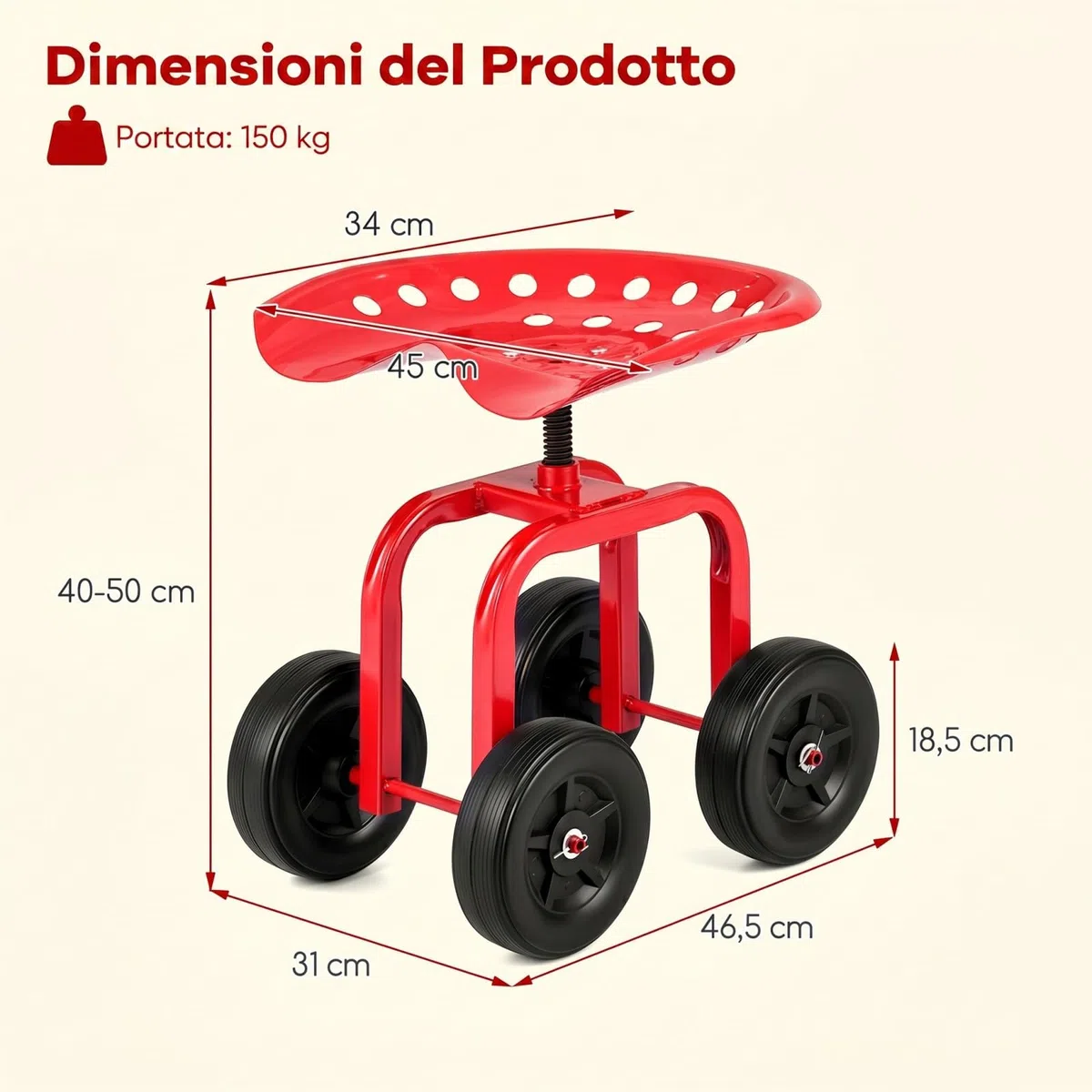 COSTWAY Sgabello con Ruote per Giardinaggio, Sedile con Ruote Regolabile in Altezza e Portatile, Seggiolino da Giardino, Prato e Cortile, Portata 150kg (Rosso)