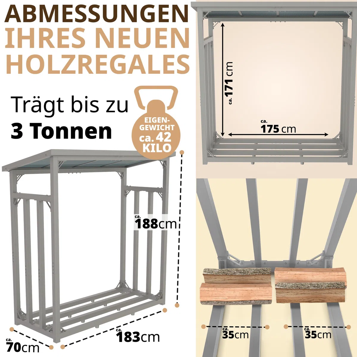 Portalegna da Esterno Coperto con Tetto 188x70x188 cm Argento Zincato | 45 kg, Metallo, Capacità 3t, Con Telone, Legnaia da Esterno