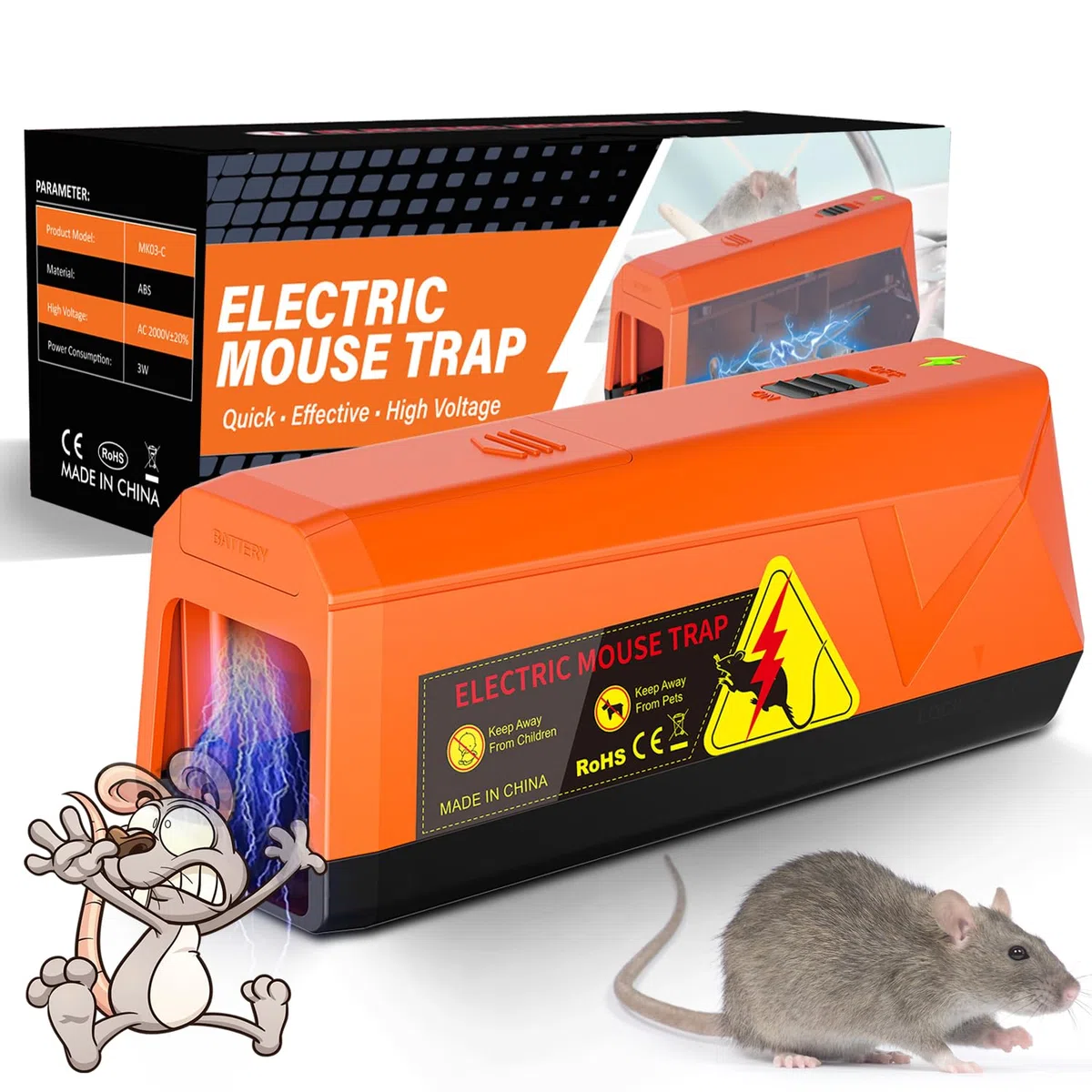 Trappola per Topi Elettrica, Trappole per Topi a Batteria da 2000 V, Potente per Uccidere i Topi All'istante, Adatta per Cucine, Magazzini e Soffitte, Efficace per Piccoli Topi (naranja)