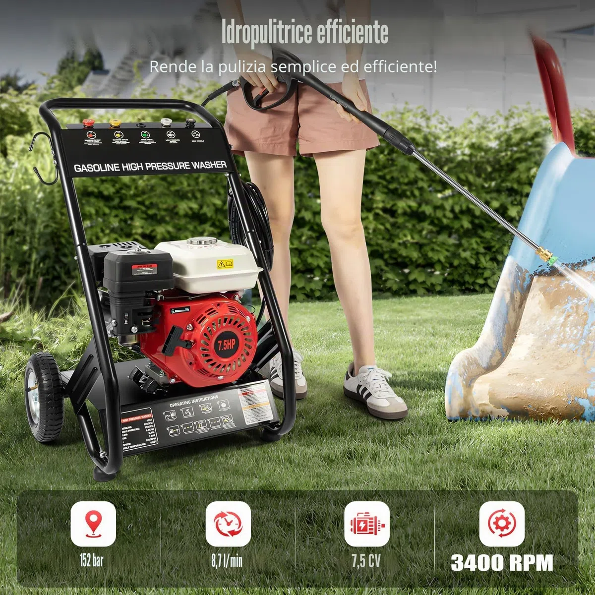 Idropulitrice Professionale a Benzina 190bar 7,5 CV Pressione di Lavoro Motore a Benzina Vapore 8m Tubo ad Alta Pressione 5 Ugelli Idropulitrice per Auto/Recinzioni/Giardini/Patii