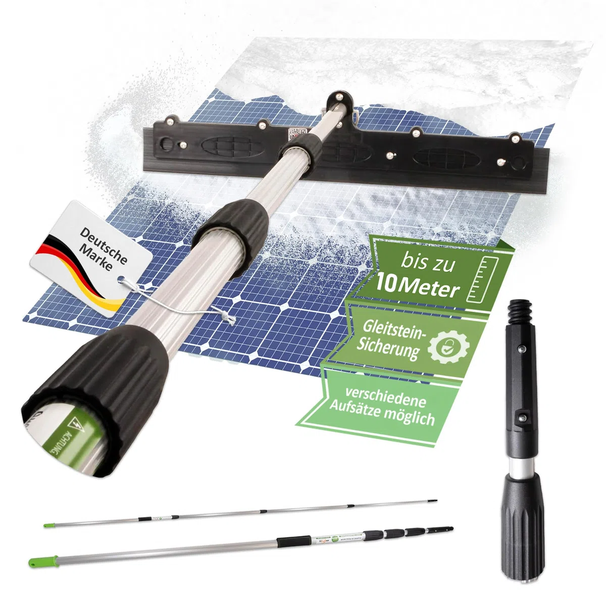 Set Asta Telescopica 10m con Pala da Neve per Fotovoltaico | Kit professionale con tubo rinforzato da 1.4 mm, pala antigraffio per tetti e verande e sistema di bloccaggio in metallo.