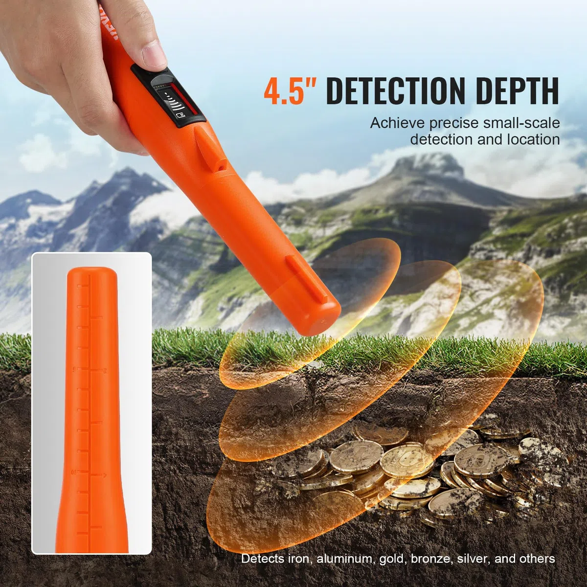 VEVOR Metal Detector Pinpointer Portatile Impermeabile IP68, Puntatore di Metalli Profondità di Rilevamento max. 114mm 3 Modalità, Rilevatore per Caccia Tesoro Impermeabile, Pinpointer con Schermo LCD