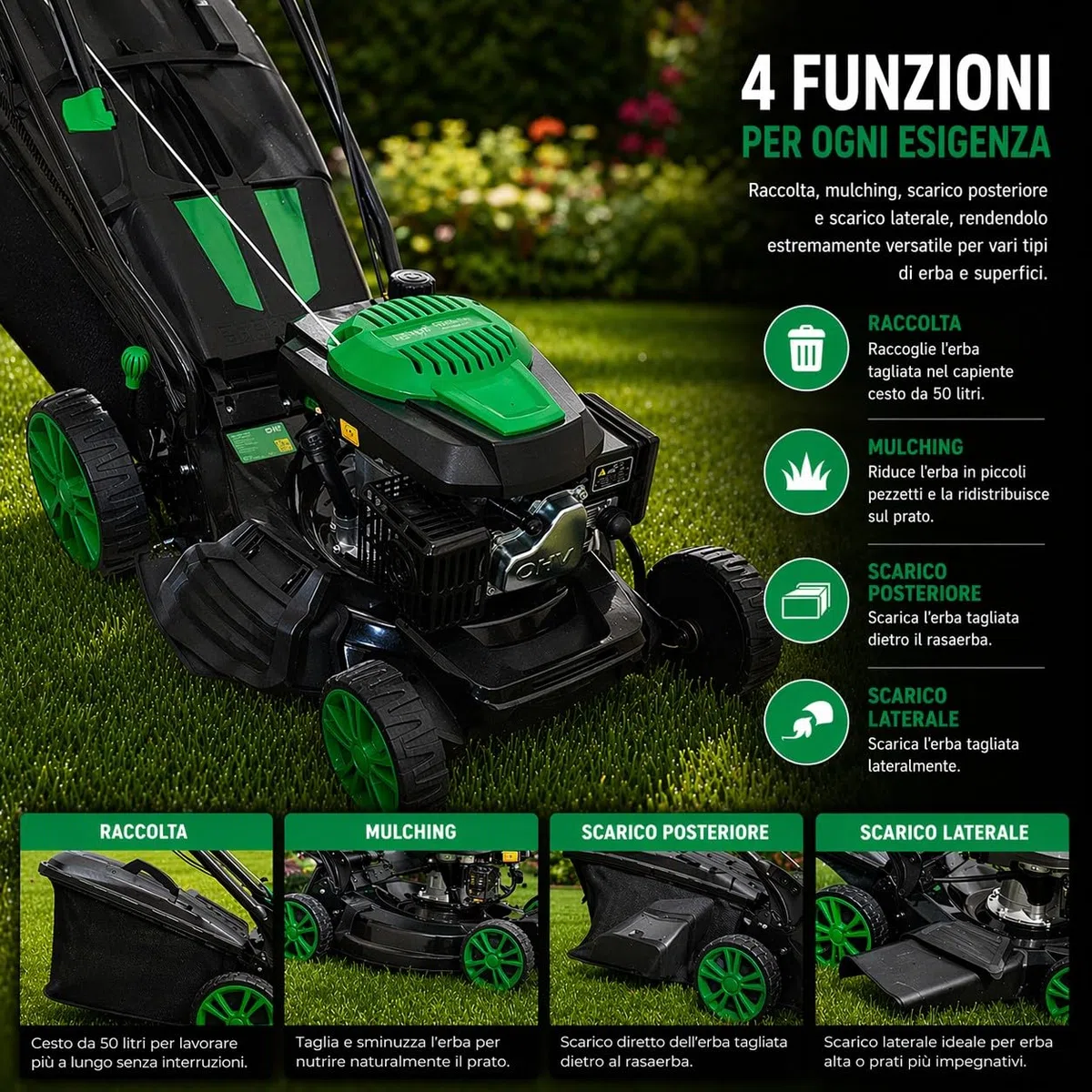 Tosaerba Rasaerba Semovente a Scoppio Motore 4 Tempi 146cc 3KW Taglio 46cm a Trazione 4 in 1 Mulching Raccolta Scarico Laterale Posteriore Regolazione Altezza di Taglio a 7 Livelli 25-70 mm Giardino