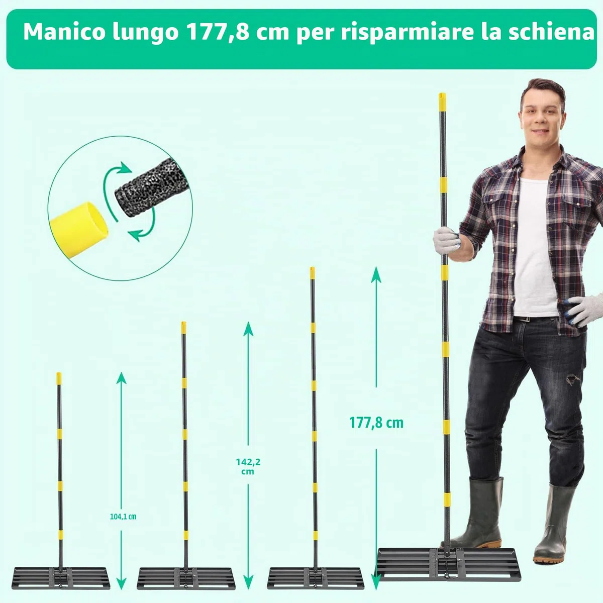 Rastrello per prato per livellamento, in acciaio inox, 157 cm, giardino, cortile