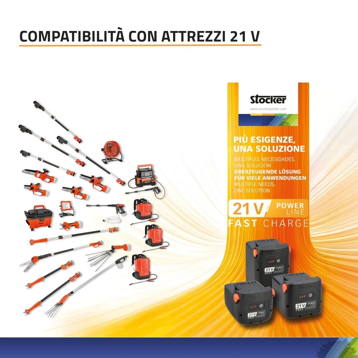 STOCKER - Kit 2 Batterie Fast Charge 21V 4Ah, Ricarica 70 Min, Compatibili Attrezzi Linea Power 21V, Sistema Fast-Click in con LED Stato Carica