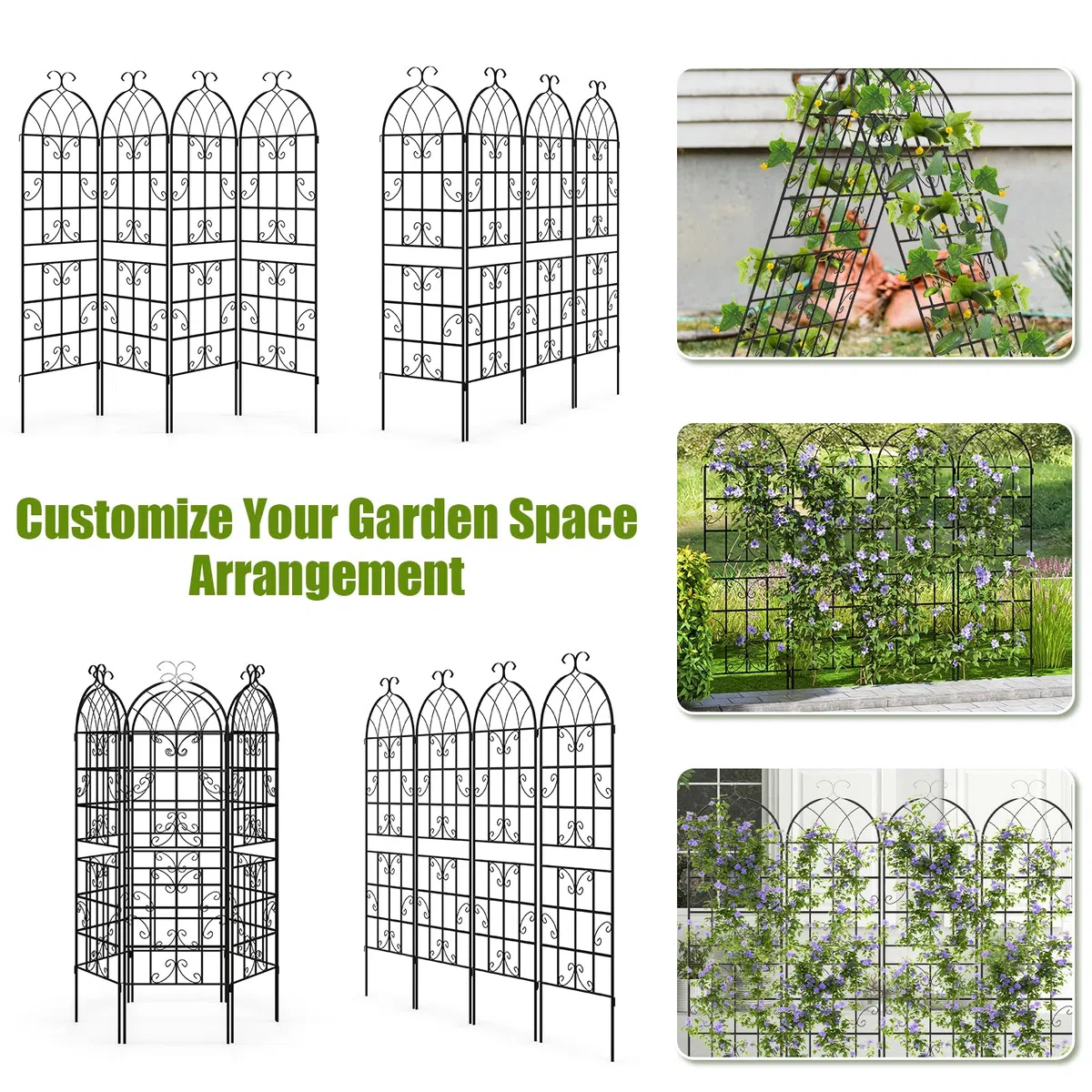 HOMASIS Traliccio per Rampicanti di 2 Pezzi, Pannelli Decorativi per Recinzione da Giardino in Metallo, Graticcio per Piante Rampicanti, Grigliato Divisorio Decorativo, 50x180 cm, Nero