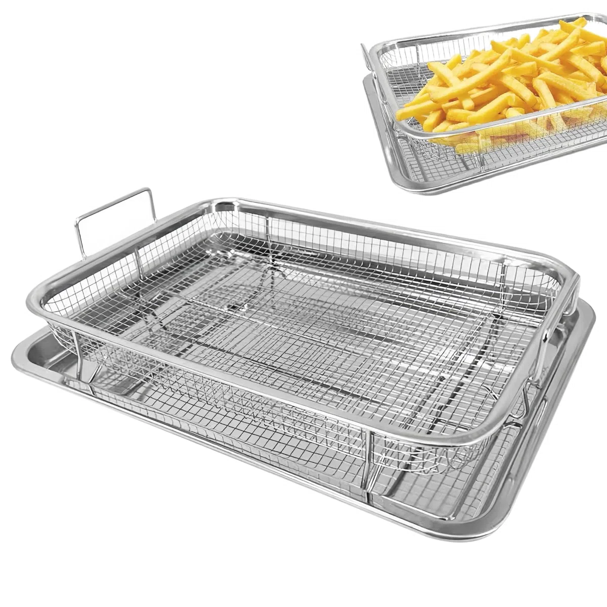 Teglia da forno con griglia di raffreddamento, cestino per barbecue, in acciaio inox con manico e base, rettangolare, in rete, per grigliare e raffreddare (32,5 x 24,5 x 5,2 cm)