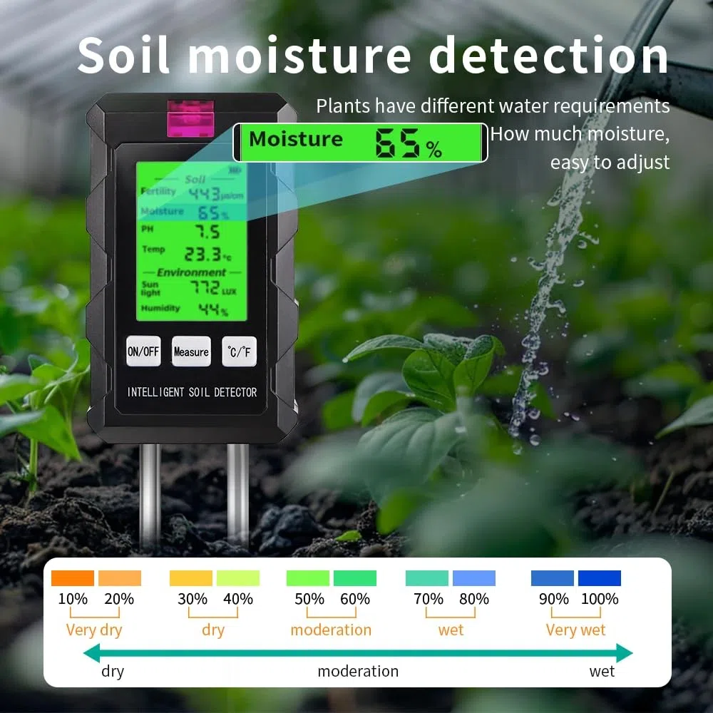 DollaTek Misuratore di terreno 6 in 1 Misuratore di umidità fertilità del suolo pH temperatura luce ambientale e umidità con schermo illuminato HD per la coltivazione di piante in giardinaggio