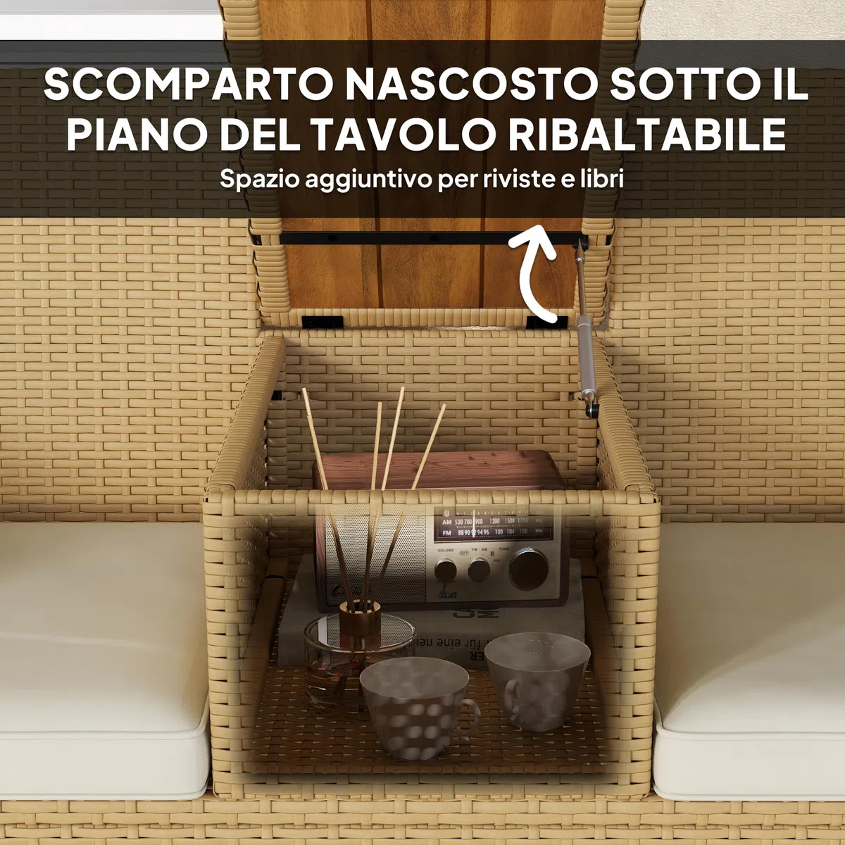 Outsunny Panchina da Giardino a 2 Posti in Rattan e Acciaio 134x58x82 cm | Panchina da Esterno con Cuscini, Tavolino a Ribalta con Spazio Portaoggetti Nascosto, Divano da Esterno, Crema e Cachi
