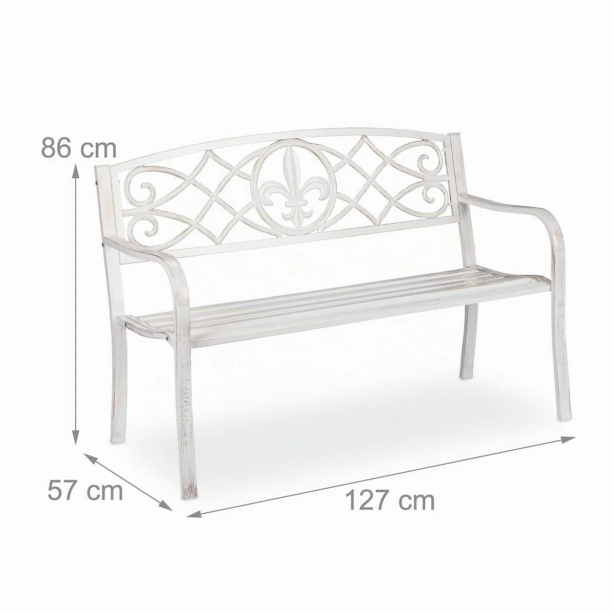 Relaxdays Panchina da Giardino, Panca da Esterno in Metallo, con Schienale in Ghisa, HLP: 86 x 127 x 57cm, Bianco Bronzo