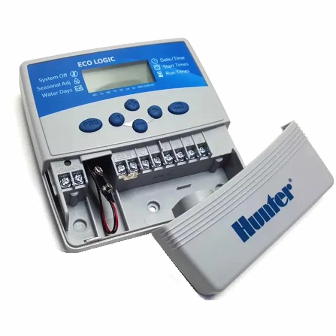GNCGarden Programmatore di irrigazione elettrico Eco Logic 4 stazioni interno Hunter - Hunter ELC-401I-E - Hunter Eco-Logic Programmatore per interni - Temporizzatore per irrigazione 24V