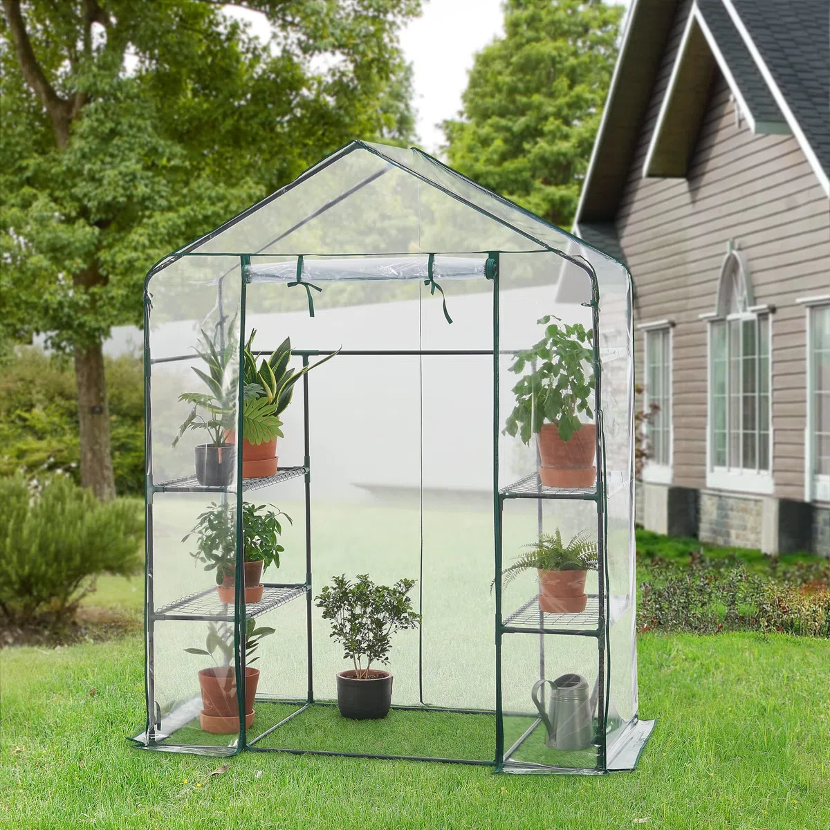 [en.casa] Serra da Giardino con Scaffali a 4 Ripiani Struttura in Acciaio Copertura in PVC Trasparente Porta con Chiusura a Zip Serra a Casetta per Piante Orto 195x140x73 cm
