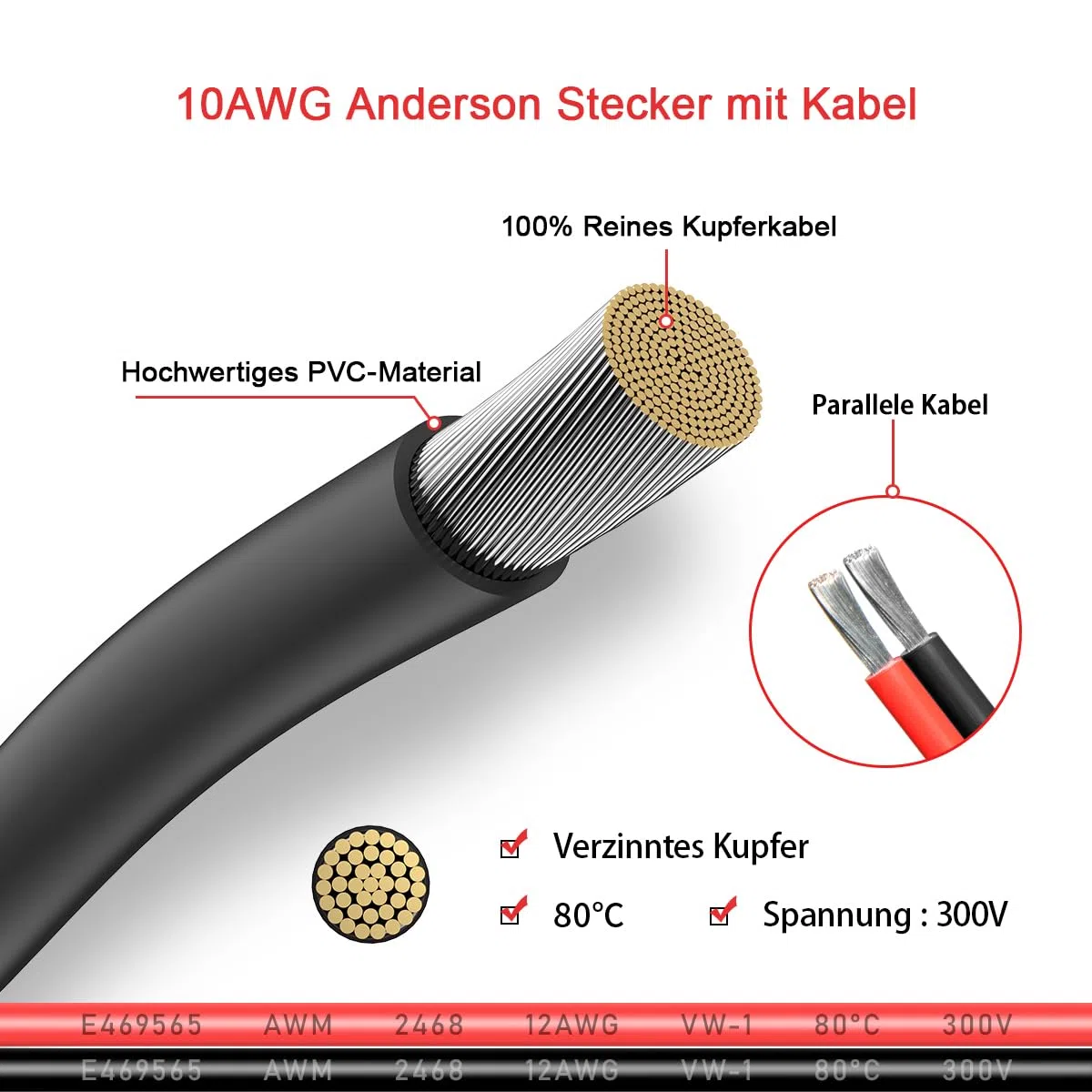 ELFCULB Anderson - Spina con cavo, 10 AWG Anderson da 50 A a O-ring, per auto, roulotte, barche, impianti solari (1,5 m)