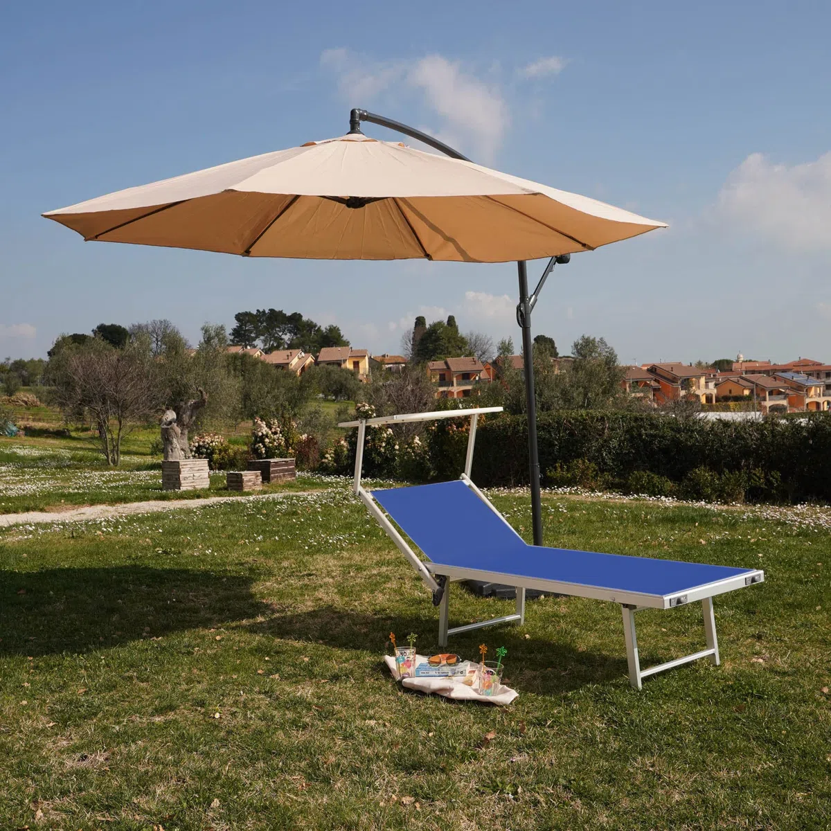 Rebecca Mobili Lettino Prendisole, Sdraio Da Spiaggia Giardino, Blu, Textilene Alluminio, Pieghevole Con Tettuccio - Misure 38x186x61 (HxLxP) - Art. RE6566