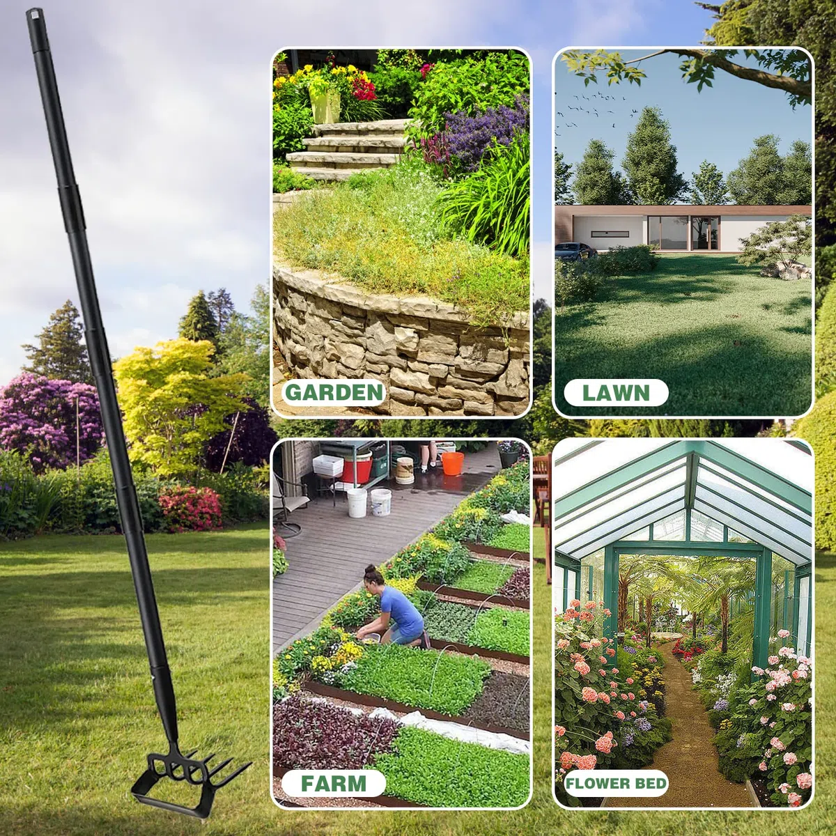 Zappetta da giardino 170CM Zappetta a staffa e rastrello a 4 denti 2 in 1 in acciaio inox manuale Hula Hoes Strumento da giardino Zappetta con azione regolabile zappetta per diserbare
