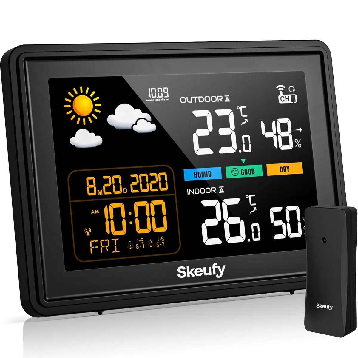 Skeufy Stazione meteo e radio con sensore esterno, temperatura interna ed esterna, umidità, previsioni meteo, barometro, display digitale a colori, orologio radio DCF