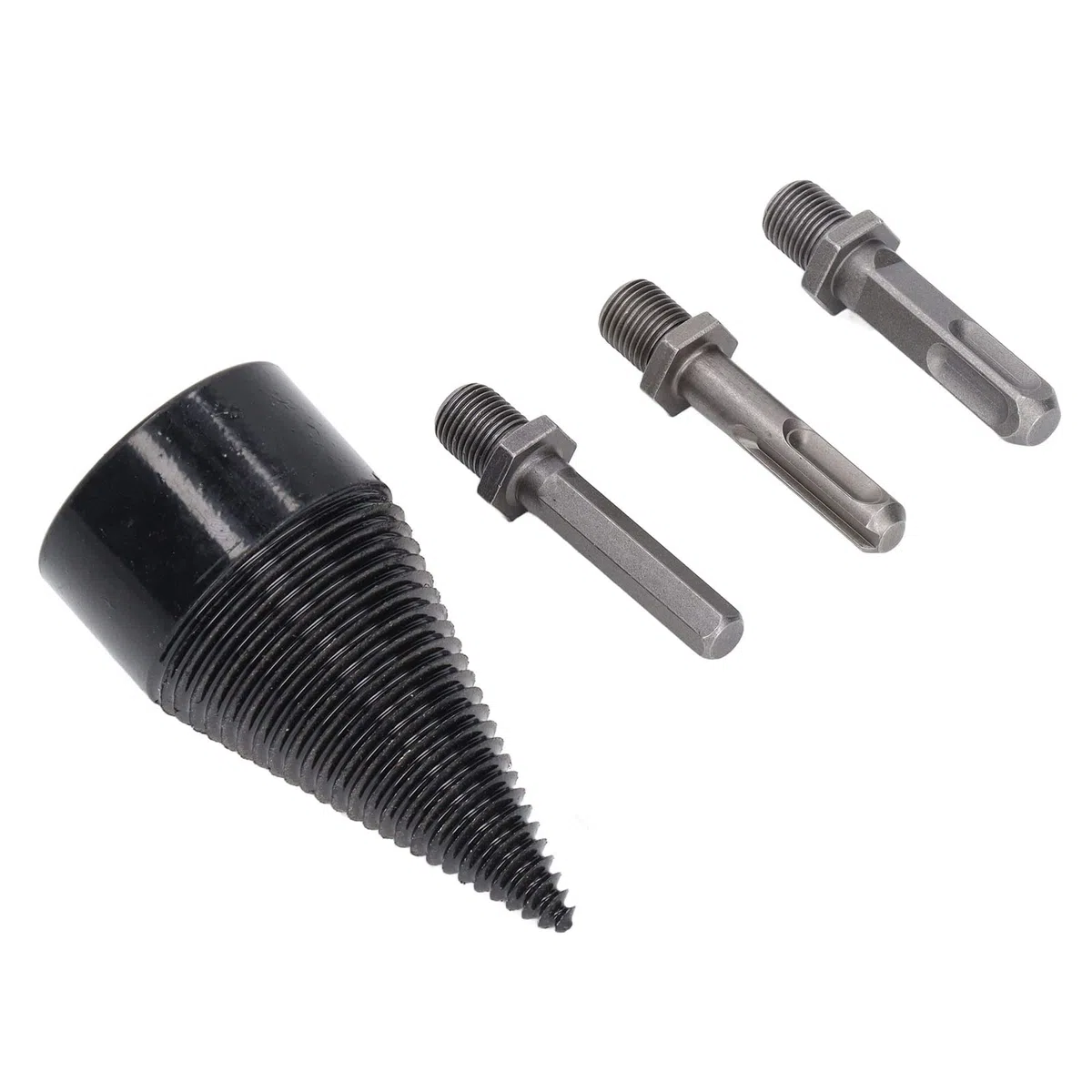 Punta Trapano per Spaccare Legna, acciaio al carbonio resistente con 3 aste removibili (quadrata, rotonda, esagonale) e design conico antiatrito, Punta Trapano per Spaccare Legna,