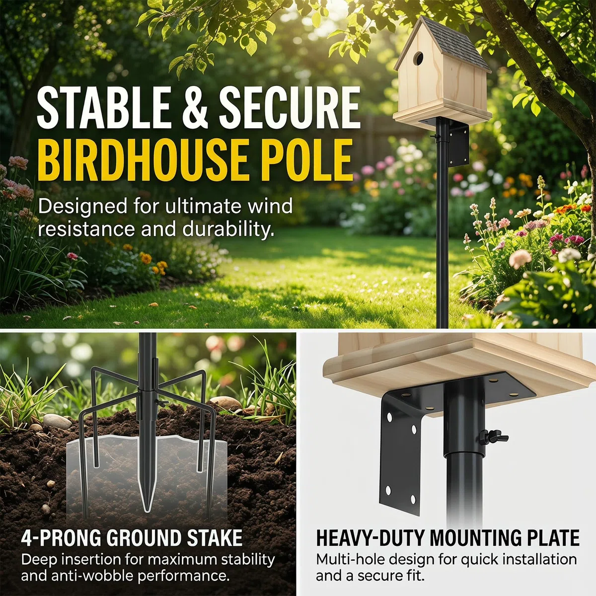 Set di supporto per asta per mangiatoia per uccelli, in metallo, universale, con base a 5 punte, per giardino, balcone, esterno, cortile (193 cm)
