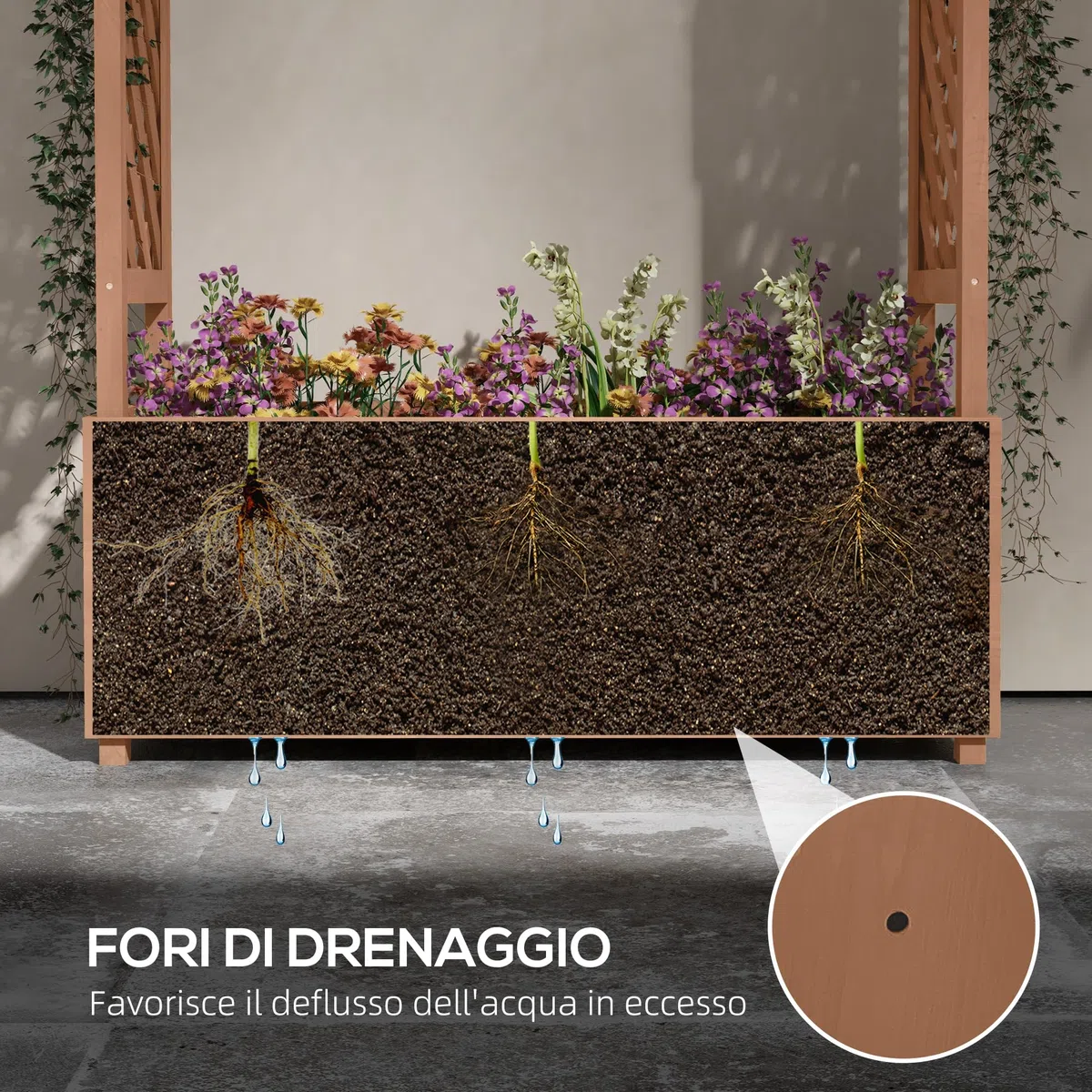 Outsunny Fioriera con Grigliato e Tettuccio in Legno di Abete, Fioriera da Esterno con Fori di Drenaggio, 112x41x180 cm, Marrone