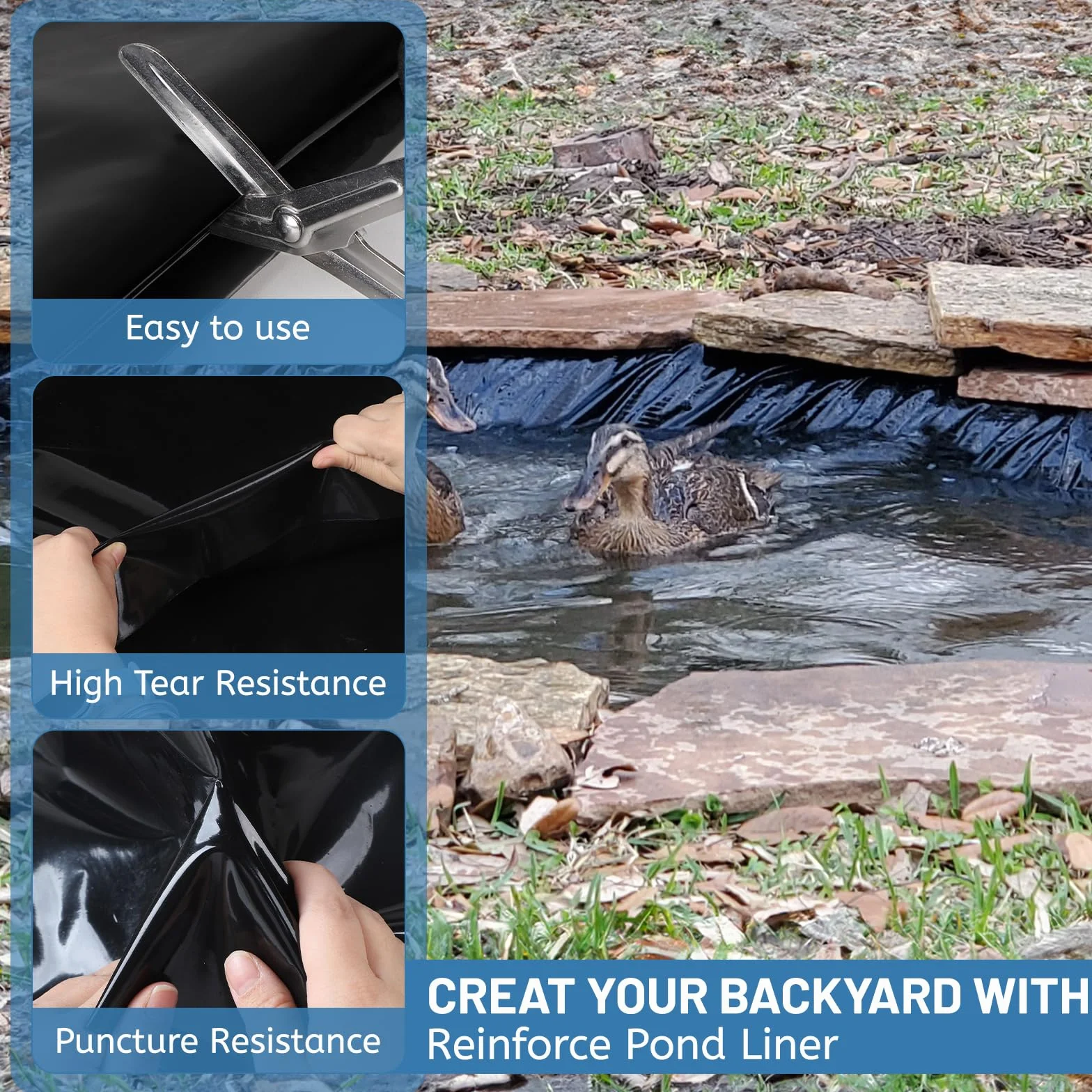 DBREAKS Pellicola per Laghetto in HDPE 3x3m, Nero, 0.5mm Spessore, Resistente ai UV, Flessibile per Giardino, Stagni, Fontane & Cascate