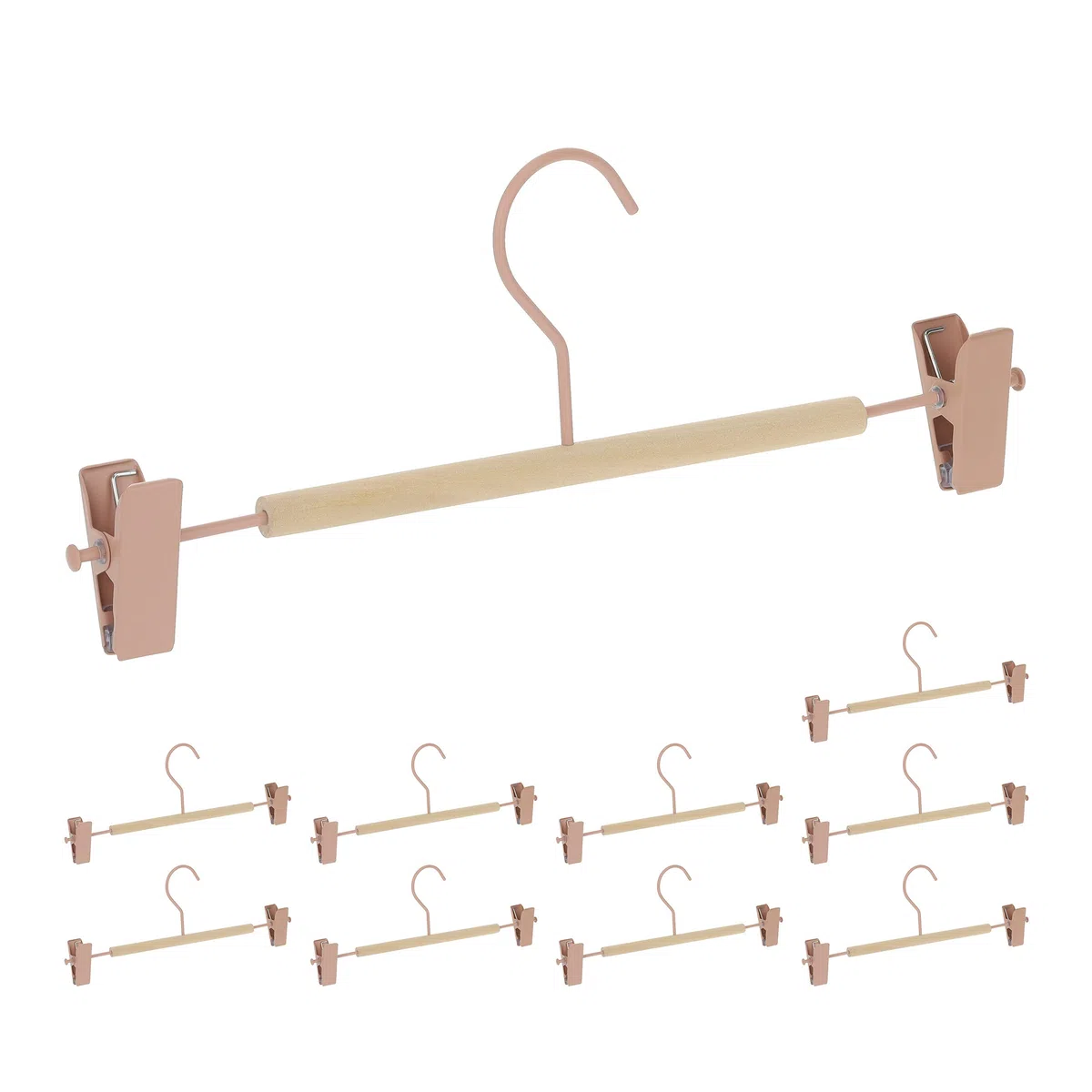 Relaxdays Set da 10 Grucce per Pantaloni, Gonne etc., 2 Clip per Gruccia, Legno e Metallo, 11,5x30,5x3 cm, Rosa/Naturale